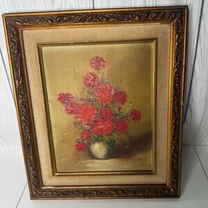 Vtg Robert Cox Signed Still Life Floral Oil Painting Wood & Gold Framed 1980s